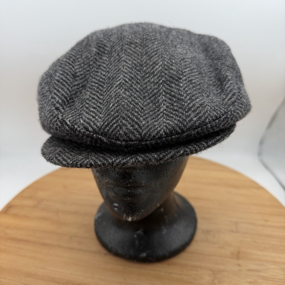 VINTAGE MEN'S GRAY HERRINGBONE WOOL NEWSBOY FLAT STYLE HAT LARGE‎ 7 1/4-7 3/8